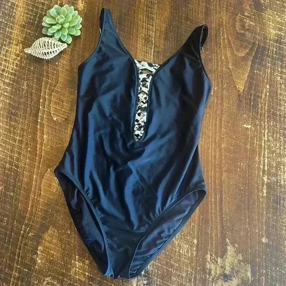 BLEU | Rod Beattie | Black Lace-Down One Piece Swim Suit, Animal Print Laces - Picture 2 of 8